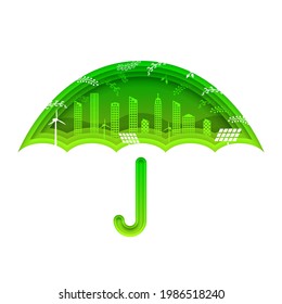 Green Abstract Paper Cut Umbrella Design Elements Vector Background City Branch Origami Concept Silhouette Nature Forest Eco