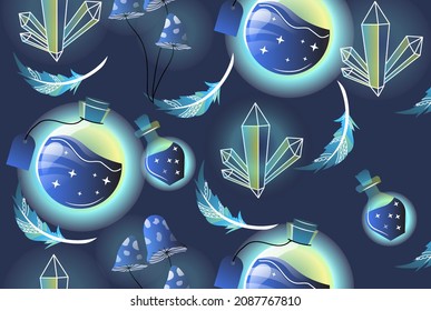 Patrón abstracto verde. Plumas, bolas, decoraciones navideñas y cristales. Elementos gráficos para el sitio web. Brilla un misterio mágico. Astrología, alquimia, espacio. Ilustración vectorial de dibujos animados