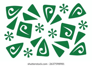 Green abstract pattern of geometric shapes and swirls over transparent background
