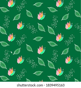 Green abstract pattern with leaves and flower. Textile. Print
