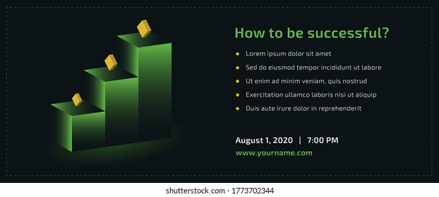 Green abstract poster How to be successful. Vector template e-mail, party, workshop, event, webinar, conference, lesson, presentation, training, session. Design layout with the line chart