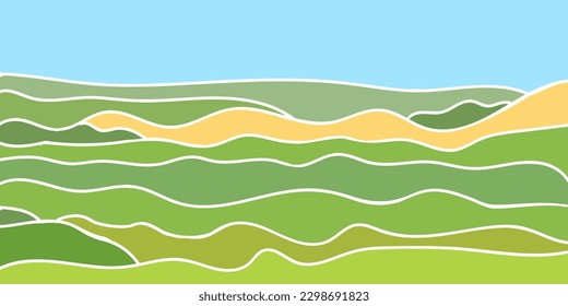 Green abstract rice field. Abstract farm field collage background. Agro land backdrop, farmland landscape. Vector eco illustration, green rural panorama, ecology art header. Nature pattern. countrysid