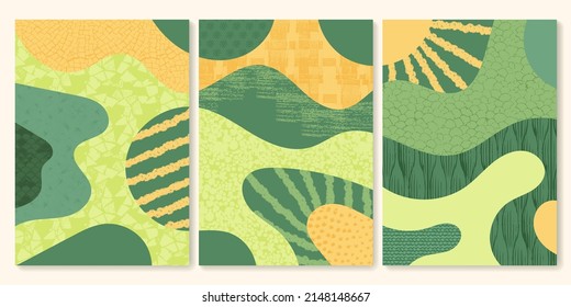 Green abstract rice field top view with texture vector background. Nature pattern, eco illustration, countryside poster design. Collection of agriculture landscape, set of simplicity ecology poster