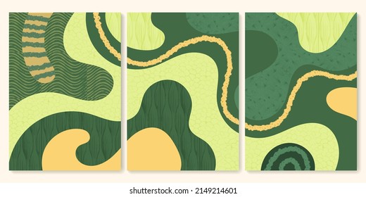 Green abstract rice field top view with texture vector background. Nature pattern, eco illustration, countryside poster design. Collection of agriculture landscape, set of simplicity ecology poster