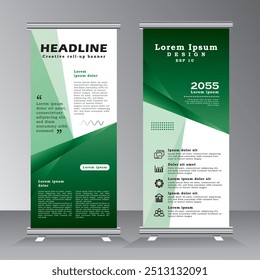 Green abstract roll up banner template design for business, modern x-banner with green color, pull up banner, standees banner advertising. Vertical banner template illustration