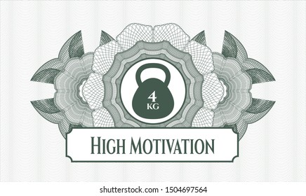 Green abstract rosette with 4kg kettlebell icon and High Motivation text inside