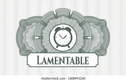 Green abstract rosette with alarm clock icon and Lamentable text inside