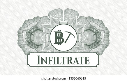 Green abstract rosette with bitcoin mining icon and Infiltrate text inside