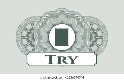 Green abstract rosette with book icon and Try text inside