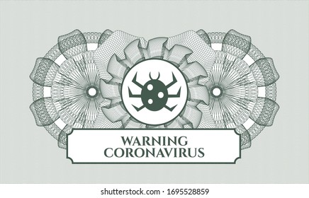 Green abstract rosette with bug icon and Warning Coronavirus text inside