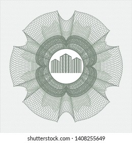 Green abstract rosette with buildings icon inside