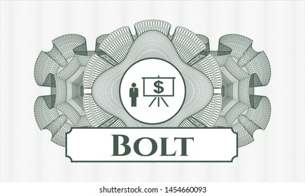 Green abstract rosette with business presentation icon and Bolt text inside
