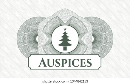 Green abstract rosette with christmas tree icon and Auspices text inside