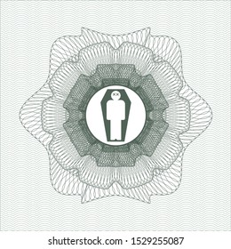 Green abstract rosette with dead man in his coffin icon inside
