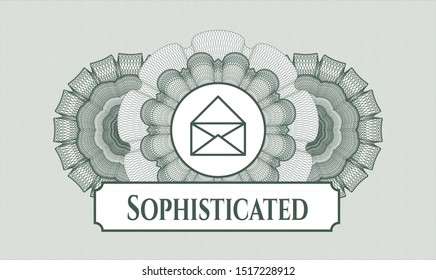 Green abstract rosette with envelope icon and Sophisticated text inside