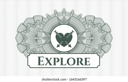 Green abstract rosette with heart with two arrows icon and Explore text inside