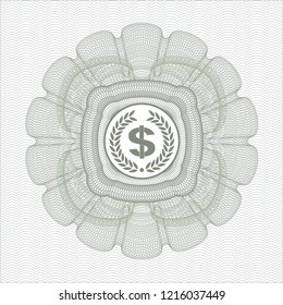 Green abstract rosette with laurel wreath with money symbol inside icon inside