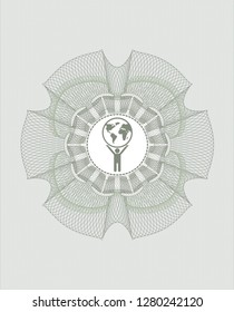 Green abstract rosette with man lifting world icon inside