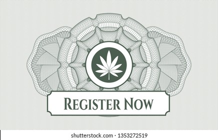 Green abstract rosette with marijuana leaf icon and Register Now text inside