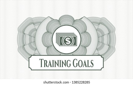 Green abstract rosette with money icon and Training Goals text inside
