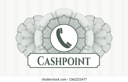 Green abstract rosette with old phone icon and Cashpoint text inside