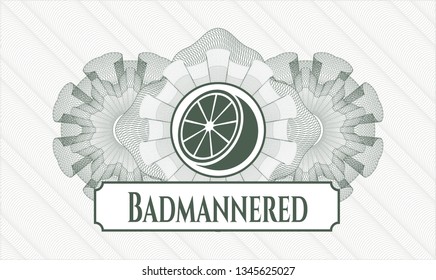 Green abstract rosette with orange icon and Badmannered text inside