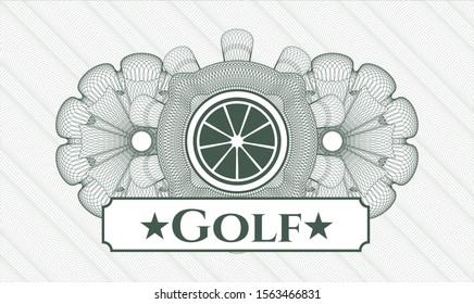 Green abstract rosette with orange icon and Golf text inside