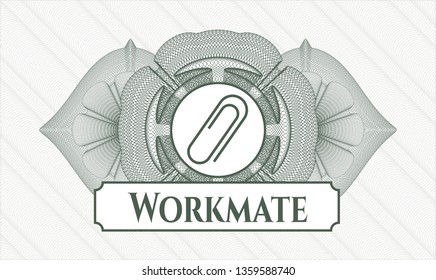 Green abstract rosette with paper clip icon and Workmate text inside