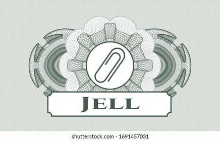 Green abstract rosette with paper clip icon and Jell text inside