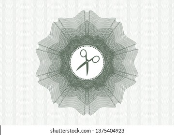 Green abstract rosette with scissors icon inside