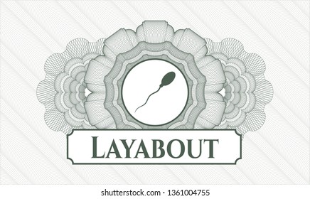 Green abstract rosette with sperm icon and Layabout text inside