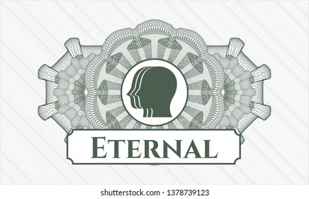 Green abstract rosette with team work icon and Eternal text inside
