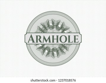 Green abstract rosette with text Armhole inside