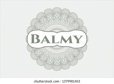 Green abstract rosette with text Balmy inside