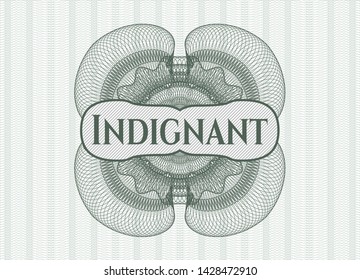 Green abstract rosette with text Indignant inside