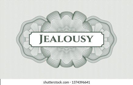 Green abstract rosette with text Jealousy inside