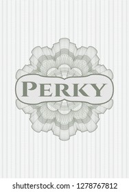 Green abstract rosette with text Perky inside