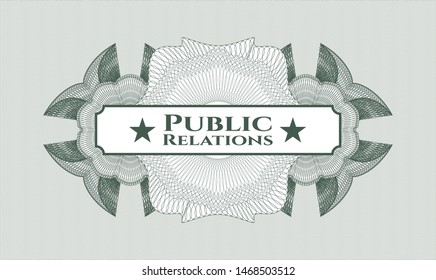 Green abstract rosette with text Public Relations inside