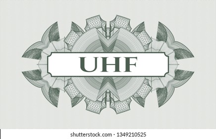 Green abstract rosette with text UHF inside