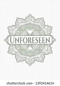 Green abstract rosette with text Unforeseen inside