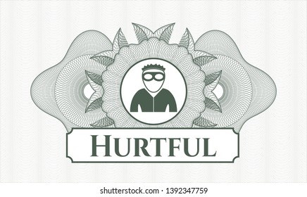 Green abstract rosette with thief icon and Hurtful text inside