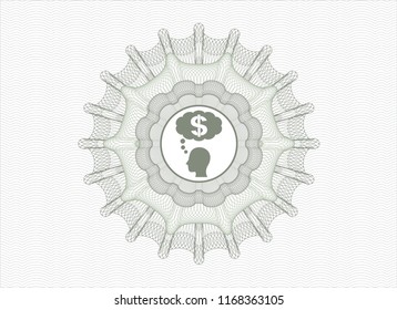 Green abstract rosette with thinking in money icon inside