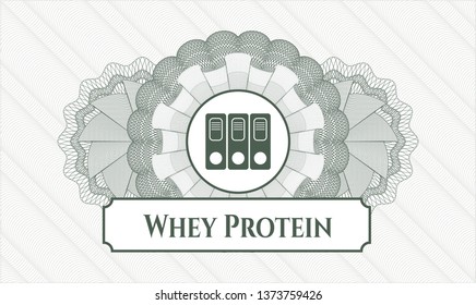 Green abstract rosette with three folders icon and Whey Protein text inside