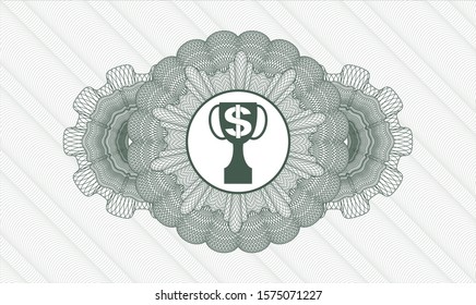 Green abstract rosette with trophy with money symbol inside icon inside