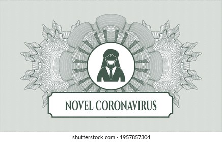 Green abstract rosette. Vector Illustration. Detailed with woman wearing face mask icon and Novel Coronavirus text inside