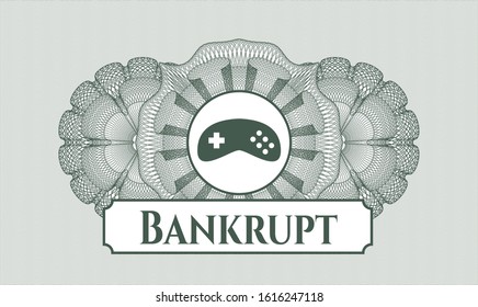 Green abstract rosette with video game icon and Bankrupt text inside