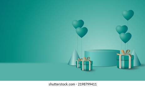 Fondo de escena abstracta verde. Fondo del podio del cilindro con caja de regalo y globo cardíaco. Presentación del producto, simulación, presentación de productos cosméticos, podio, pedestal de escenario o plataforma.