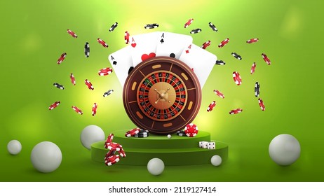 Green abstract scene with podium with Casino Roulette wheel, poker chips, playing cards and realistic spheres around.