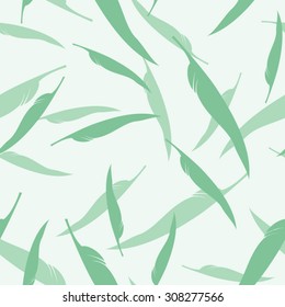 Green Abstract Seamless Pattern with Feathers on Bright Background. Vector Illustration. Eps 10.