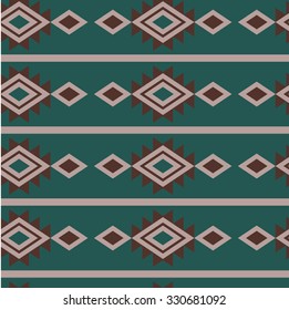 Green abstract seamless pattern with ornaments of indian rug. Decorative aztec ornamental background. Can be used for textile design, bag template, packaging.